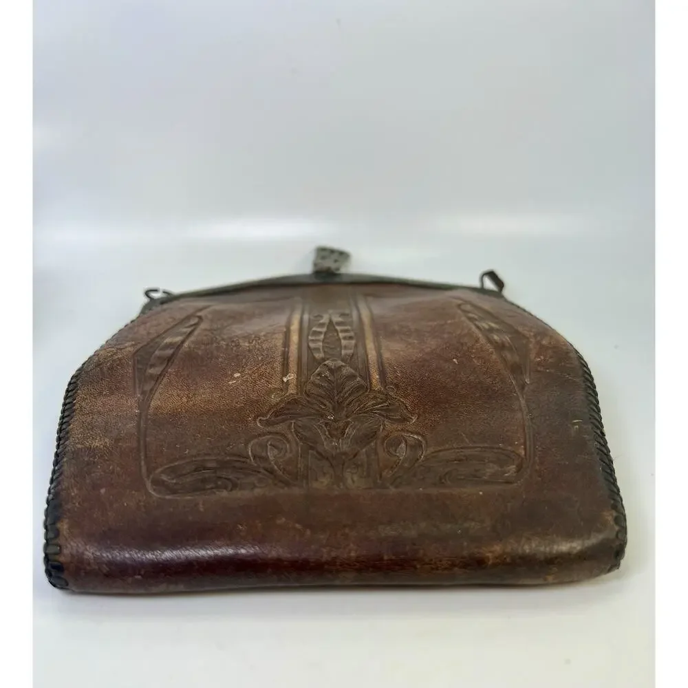 VTG Hand Tooled Leather Purse Turn Lock Clasp Early 1900s Art Nouveau Antique